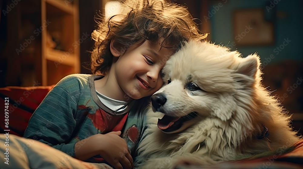 A young boy plays with his dog. Generative Ai. A young boy plays with his dog. Generative Ai.