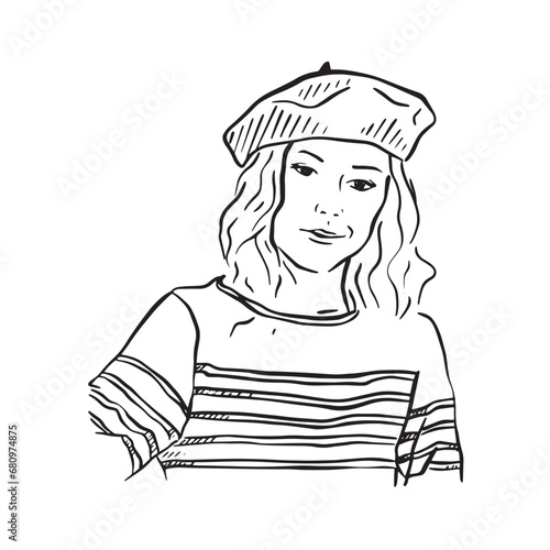 French girl illustration. A line drawn illustrative sketch of a girl in a stripy shirt wearing a beret signifying a classic French inspired outfit.
