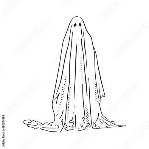 A line drawn ghost (or human in a sheet!) with eyes and a puddling of fabric at the bottom. Line shading use and hand drawn sketch style.