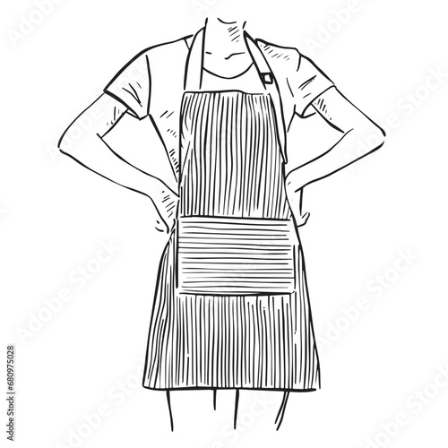 A hand drawn illustration of a woman in a stripy apron. Line drawing.