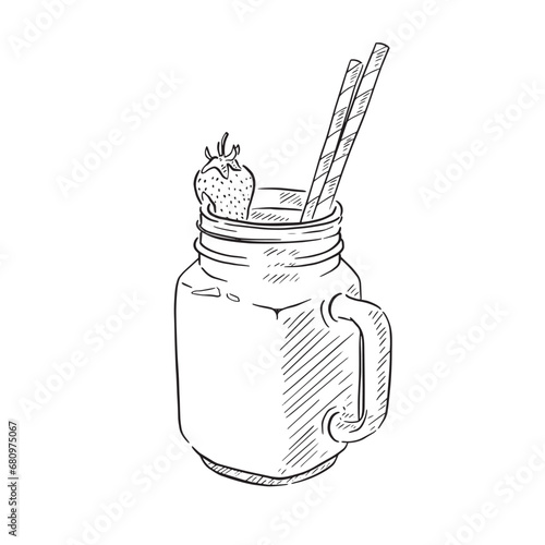 A line drawn illustration of a breakfast smoothie with two eco straws, a strawberry and in a ramekin style jar.