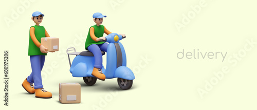 Advertising of courier services. Delivery by scooter and on foot. Transportation to pedestrian zone. 3D men, scooter, boxes. Horizontal banner, header, flyer template