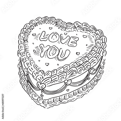 A line drawn love cake in the shape of a heart with the words 'love you' written on the front. This line drawing is created by hand on Procreate.