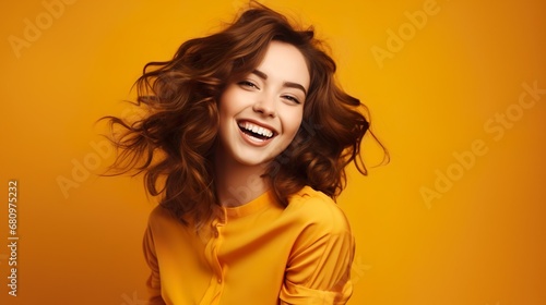 Happy smiling young woman with beautiful long brown hair generative AI