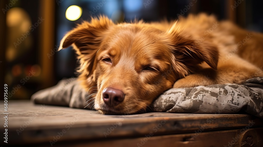 An aged dog asleep on an orthopedic pet bed