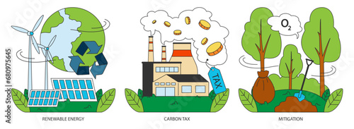 Climate change set. Planet temperature rising and sea level rising due to CO2 emissions. Nature preservation measures. Sustainability goal. Flat vector illustration