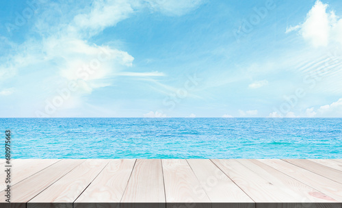 Sea Table Background Summer Tropical Blue Ocean with Sky Horizon Island Deck Mockup Stage Product Beauty Cosmetic Sunscreen for Tourism Vacation Relax Travel Holiday, Nature Beautiful Scene.