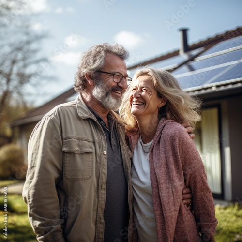 A couple is in front of a home that has solar panels installed. Generative Ai.