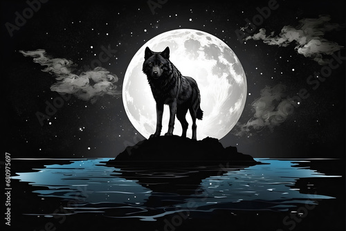 In the inky blackness of space, the silhouette of a lonely wolf floating, graphic t-shirt vector, contour, white border background.