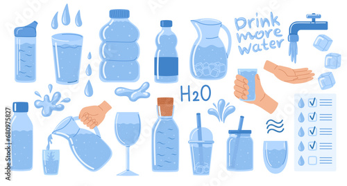 Drink more water set. Drinking water in thermos, plastic and glass bottle, glasses, decanter. Water drops, ice cubes and splash, tap water. H2O. Vector illustration in doodle style 