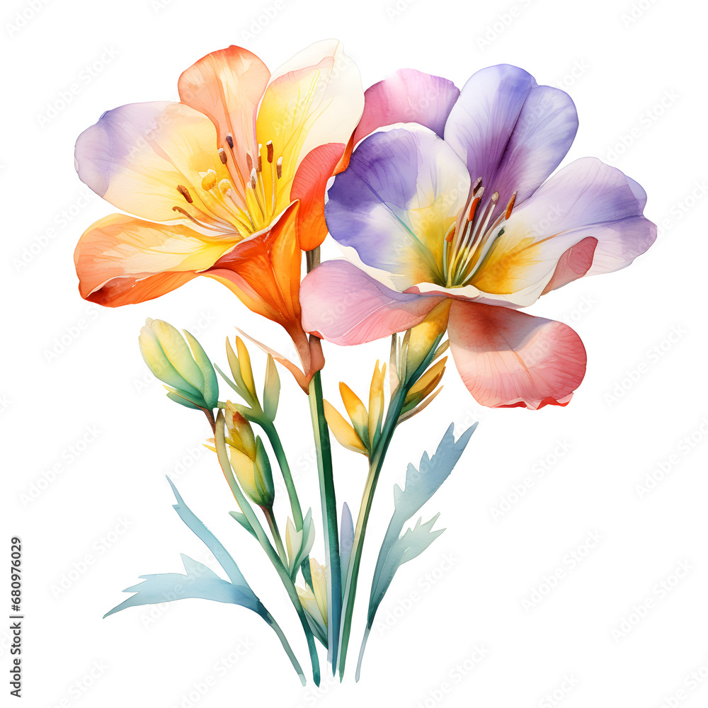 Fototapeta premium Freesias, Flowers, Watercolor illustrations