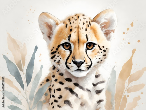 cute baby cheetah, white wall, watercolor, dustier soft pastel palette, nursery wall mural