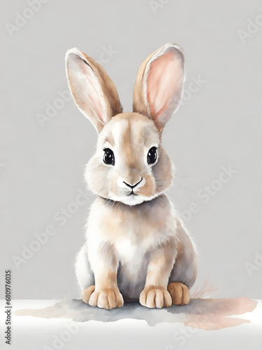 cute baby rabbit, white wall, watercolor, dustier soft pastel palette, nursery wall mural