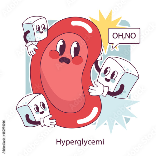 Diabetes. Measuring sugar blood with glucometer. Glucose monitoring, glycemic index. Hyperglycemia treatment, insulin therapy. Endocrine system disease. Vector illustration