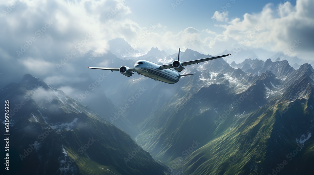 Naklejka premium airplane flying in the sky over mountains range