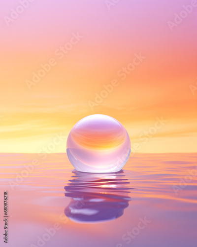A singular luminescent orb sits gracefully upon a tranquil water surface  reflecting the captivating hues of a twilight horizon. The composition invokes a sense of peace and wonderment. Generative AI.