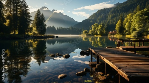 A calm morning shot of a log cabin dock reflecting photo