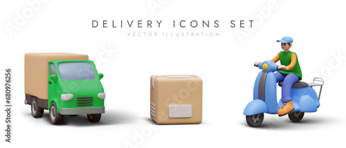 Set of realistic illustrations for delivery business. Colored truck, man on moped, unmarked cardboard box. Different types of transportation. Courier delivery of parcels, orders, cargo