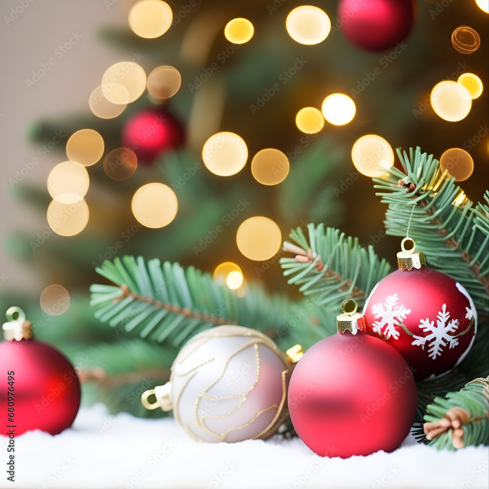 Christmas tree with garlands on a festive background with a bokeh place for text
