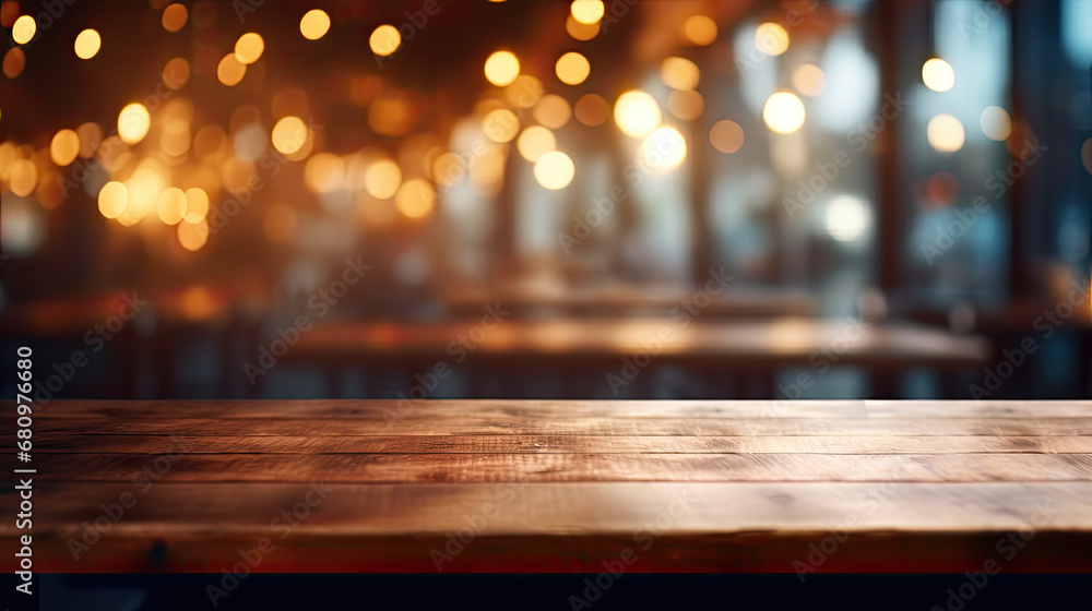 Wooden Table with Blurred Restaurant or Cafe Background and Bokeh Effect