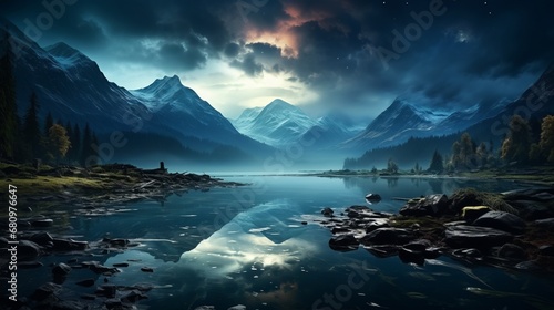 Beautiful night landscape of a lake in the mountains