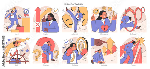Life navigation set. Personal progress and finding purpose in life. Diverse characters achieving goals, embracing authenticity, and overcoming challenges. Flat vector illustration