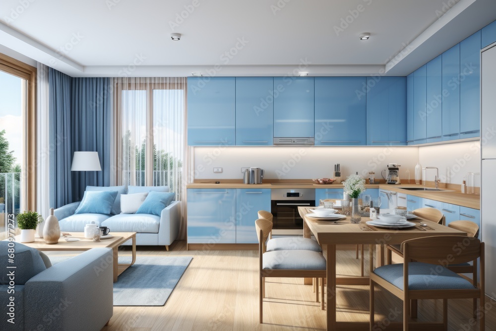 Fototapeta premium Scandinavian minimalist apartment. Light filled space with blue tones. Sunny and bright space of living room with stylish sofa, pillows.