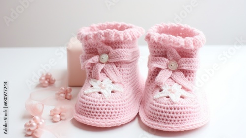 Generate an HD image featuring vibrant pink baby shoes on a soft, pastel background generated by AI
