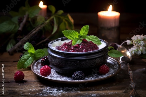Bowl of Nordic berry dessert served with a dollop of vanilla skyr, presenting a flavorful Scandinavian treat photo