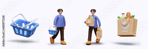 Stages of making purchase in grocery store. Online service. Empty basket, man with empty cart, guy with full bags of food, paper bag with groceries. Illustrations for online store