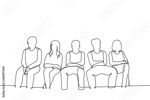 group of people of adult men and women sitting in one row - one line art vector. concept crowd waiting, patients, clients, queue