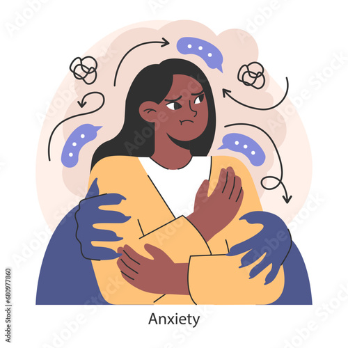 Overcoming fears strategy. Visual exploration of anxiety's grip and the quest for calm. Navigating through psychological stress. Flat vector illustration.