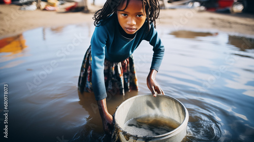 Young Girl Fetching Water from polluted River in africa