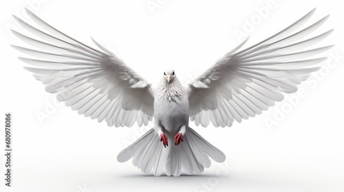 A white dove isolated against a pure white backdrop