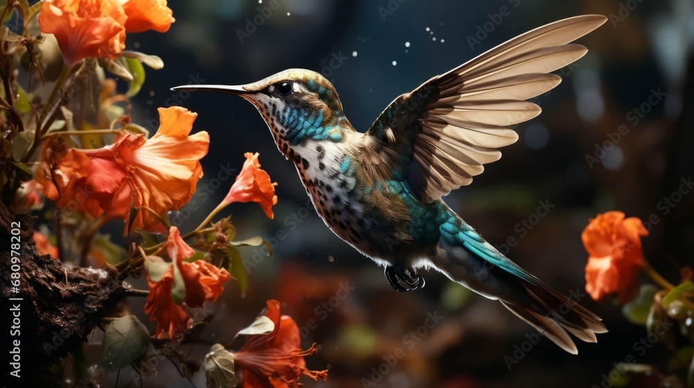 Obraz premium A marvelous spatuletail hummingbird in flight near