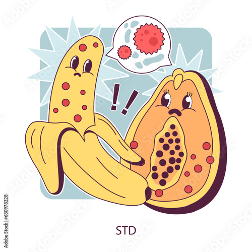 Reproductive health. Fruit characters with cartoon vintage faces, infected with STD. Reproductive health and venereology diseases. Safe sex idea. Flat vector illustration