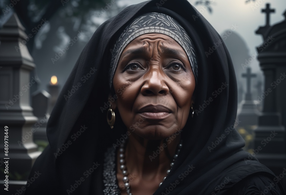 portrait of a sad elderly black woman at a cemetery portrait of a sad elderly black woman at a cemetery