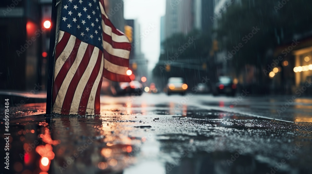 american flag on the street to celebrate independence day in the rain - obrazy, fototapety, plakaty 