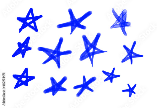 Collection of graffiti street art tags with star symbols in blue color on white background
