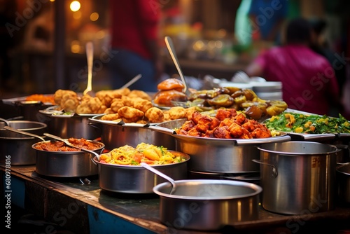 Street food from India, featuring a delectable assortment of samosas, chaat, and pakoras
