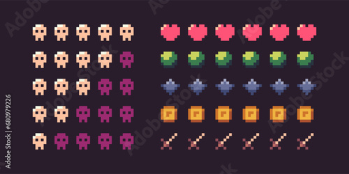 Pixel game ui icons. Retro 8 bit GUI elements, old school video game sprite graphic signs, colorful gaming bar asset. Vector isolated set