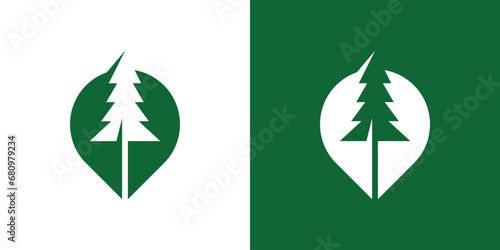 The logo design combines a location pin with a pine tree.