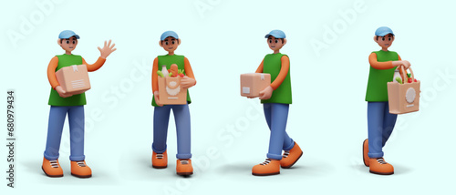 Realistic man carries box, package. Concept of courier services. Transportation of parcels. Address pickup and delivery. Isolated vector characters in cartoon style