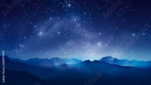 Milky Way and pink light at mountains. Night colorful landscape. Starry sky with hills at summer. Beautiful Universe. Space background with galaxy. © Damerfie