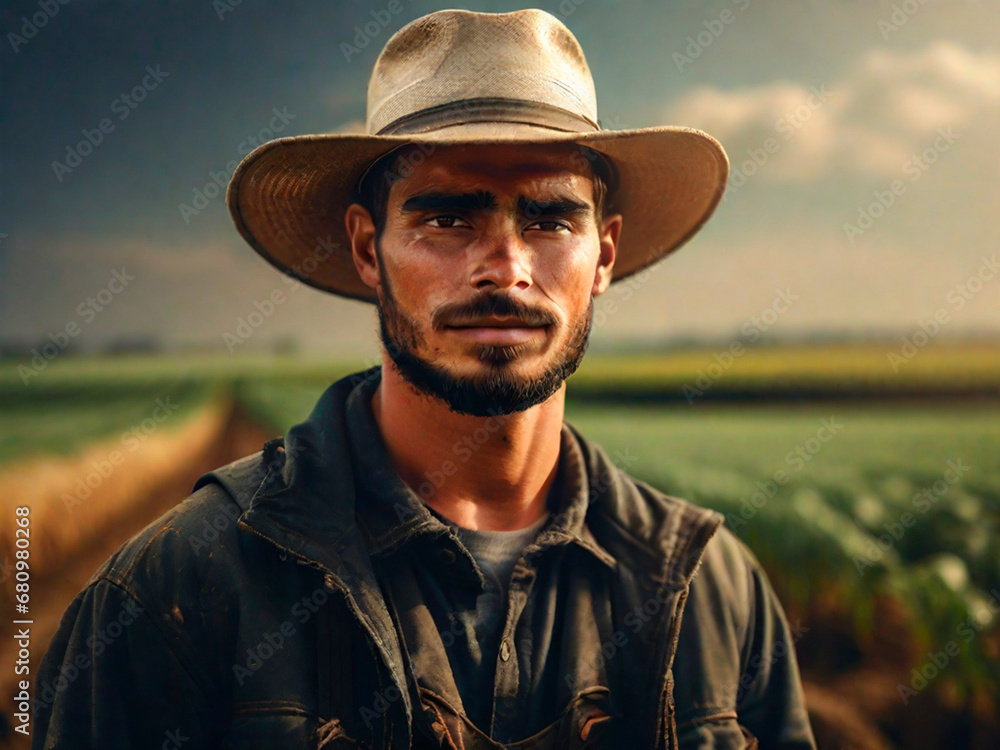 Farmer standing in wheat field, looking at camera and smiling.IA generativa