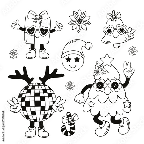 set of isolated outline groovy Christmas tree, gift, bell,  Disco Ball