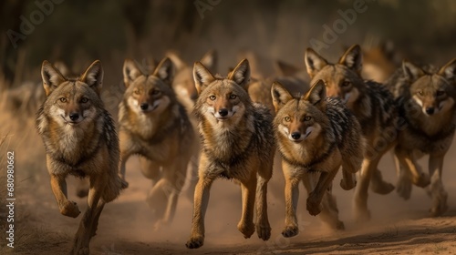 Group of Black-backed Jackal, Canis mesomelas, running in the desert. Wildlife Concept. Wilderness.