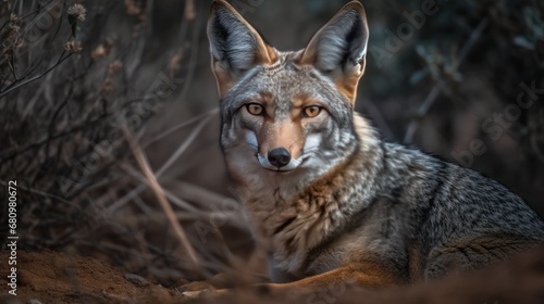 Portrait of a black-backed jackal  Canis mesomelas  in the bush. Wildlife Concept. Wilderness.