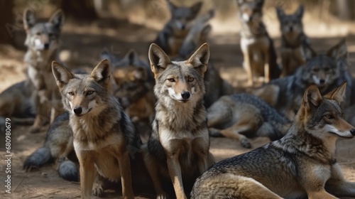 A pack of black-backed wolves  Canis lupus lupus . Wildlife Concept. Wilderness.