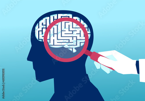Vector of a doctor with magnifying glass examines human maze brain